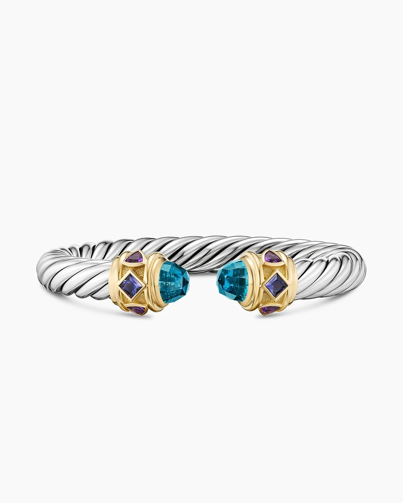 Renaissance® Cable Flex® Bracelet Sterling Silver with 14K Yellow Gold, Hampton Blue Topaz, Iolite and Amethyst, 9mm