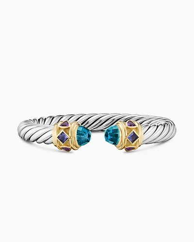 Renaissance® Cable Flex® Bracelet Sterling Silver with 14K Yellow Gold, Hampton Blue Topaz, Iolite and Amethyst, 9mm