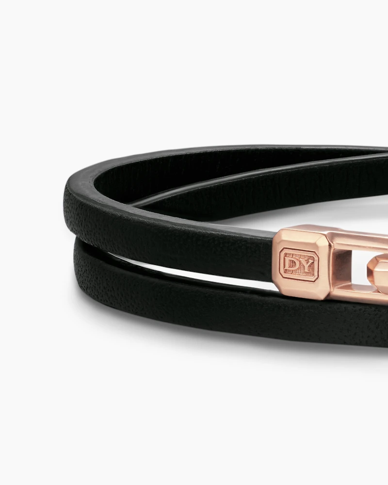 Streamline® Double Wrap Black Leather Bracelet with 18K Rose Gold, 5.2mm