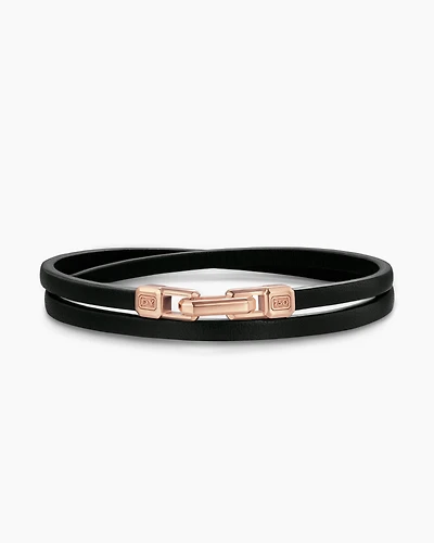 Streamline® Double Wrap Black Leather Bracelet with 18K Rose Gold, 5.2mm