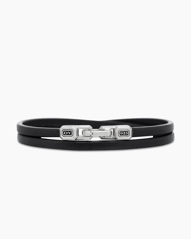 Streamline® Double Wrap Bracelet Black Leather with Sterling Silver, 5.2mm