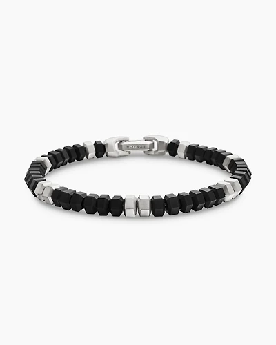 Hex Bead Bracelet Sterling Silver with Black Onyx, 6mm