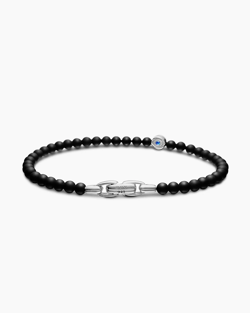 Spiritual Beads Evil Eye Bracelet Sterling Silver with Black Onyx and Sapphire, 4mm