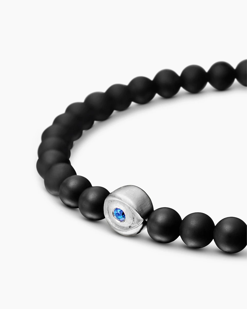 Spiritual Beads Evil Eye Bracelet Sterling Silver with Black Onyx and Sapphire, 4mm