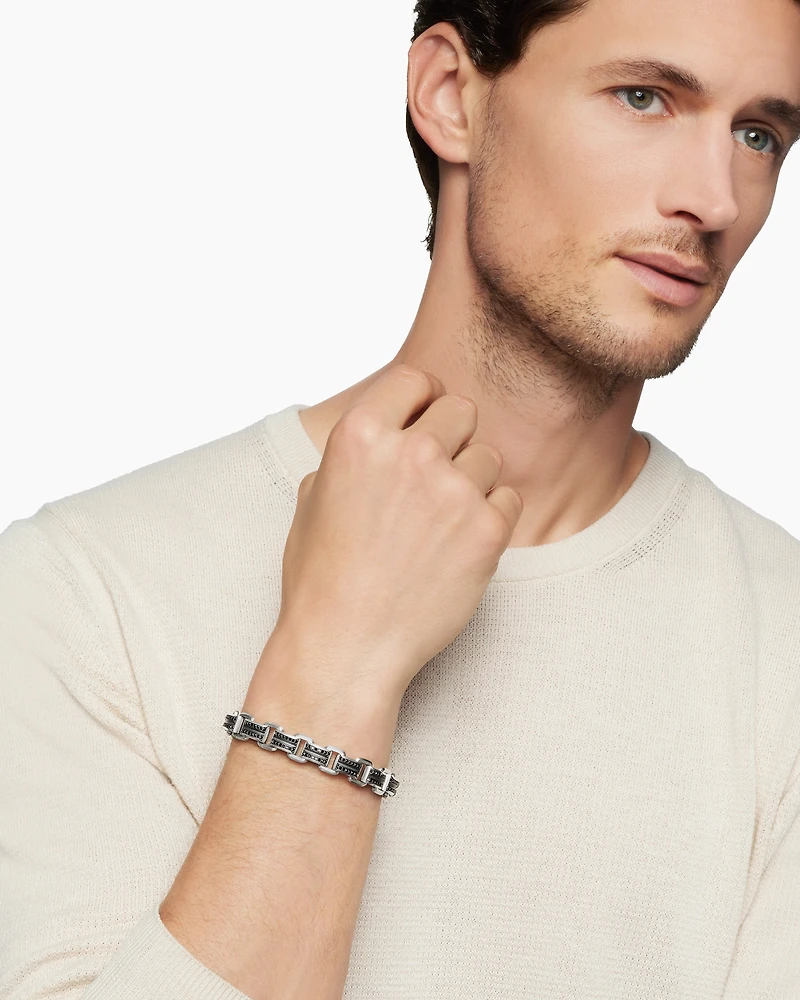 Deco Bevelled Link Bracelet in Sterling Silver with Black Diamonds, 7.5mm
