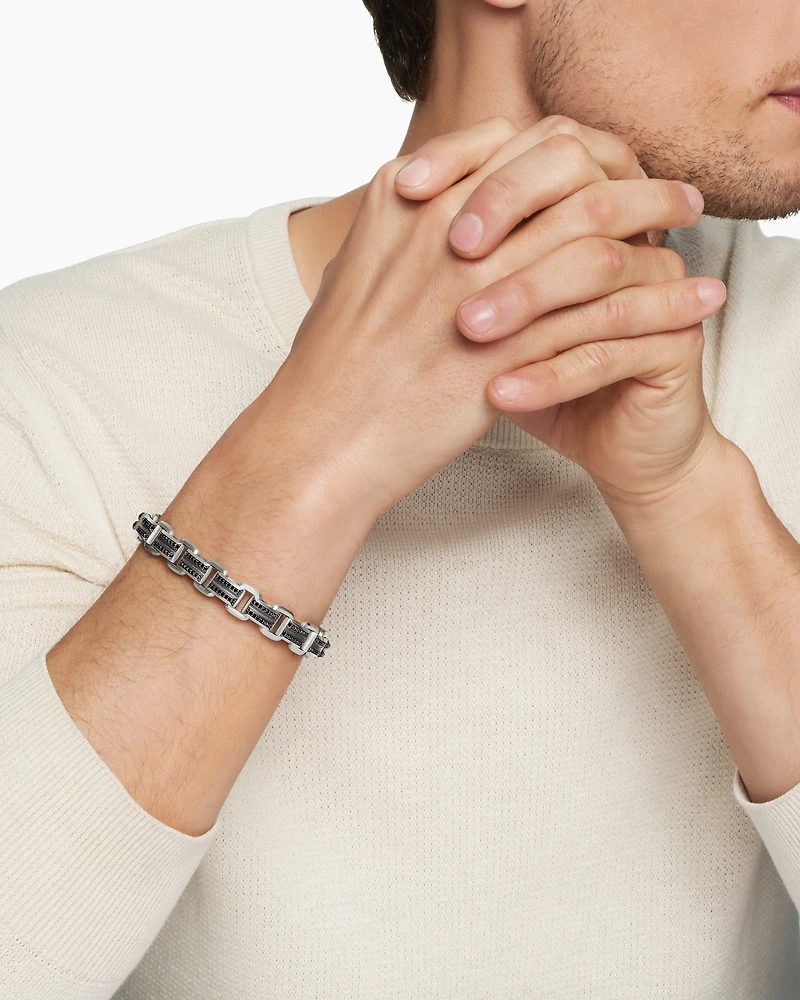 Deco Bevelled Link Bracelet in Sterling Silver with Black Diamonds, 7.5mm