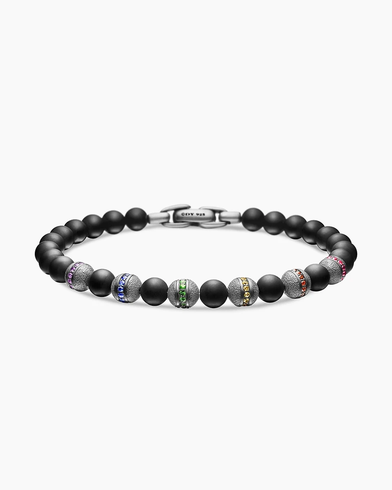 Spiritual Beads Rainbow Bracelet in Sterling Silver with Black Onyx, Sapphires and Tsavorites
