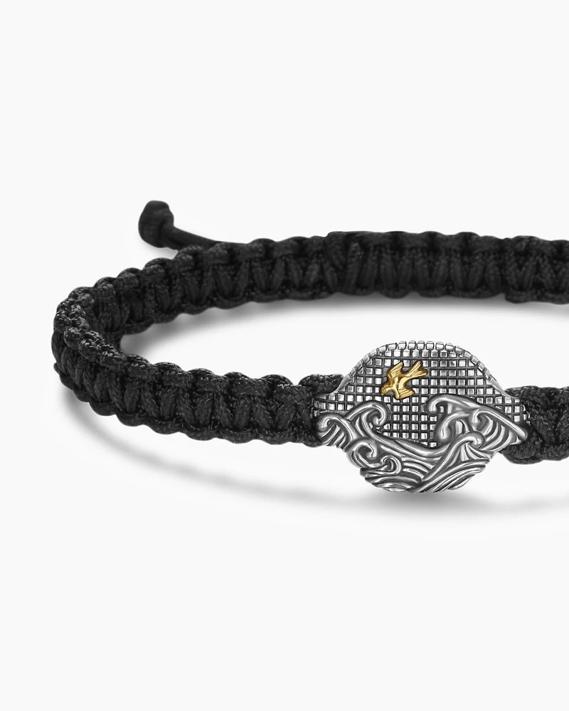 Waves Black Nylon Woven Station Bracelet with Sterling Silver and 18K Yellow Gold, 15mm