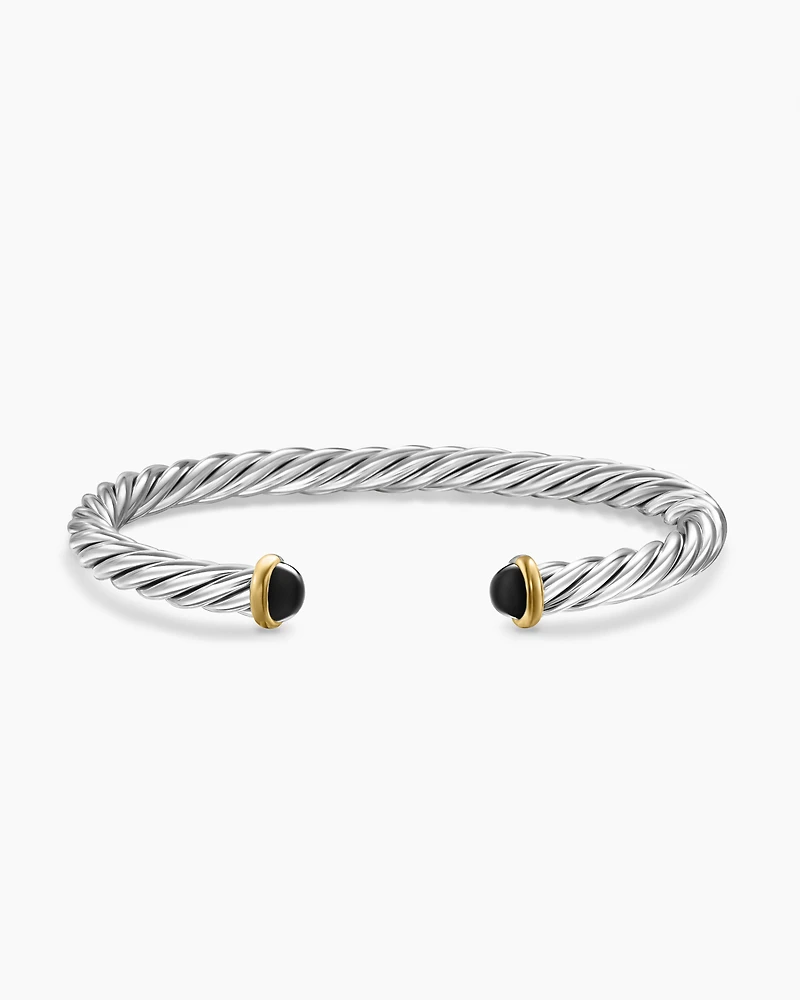 Cable Cuff Bracelet Sterling Silver with 14K Yellow Gold and Black Onyx, 6mm