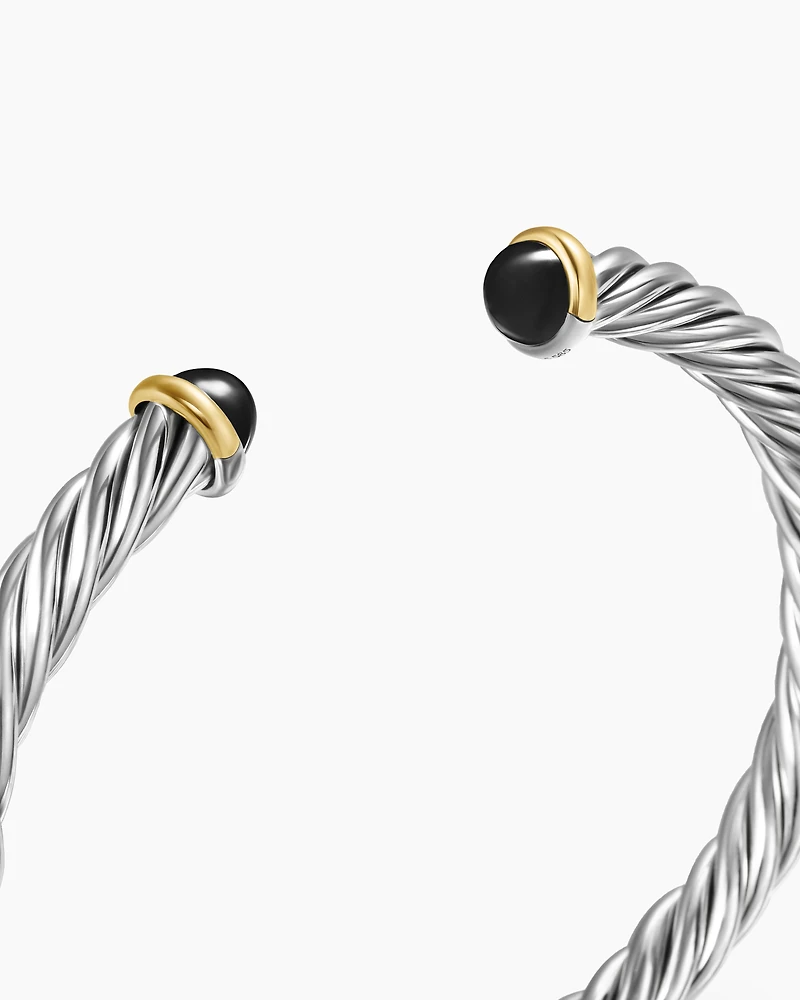 Cable Cuff Bracelet Sterling Silver with 14K Yellow Gold and Black Onyx, 6mm