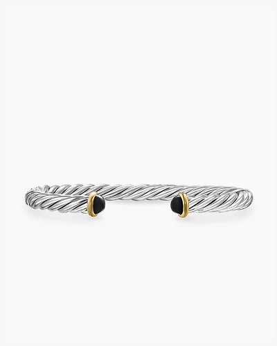 Cable Cuff Bracelet Sterling Silver with 14K Yellow Gold and Black Onyx, 6mm