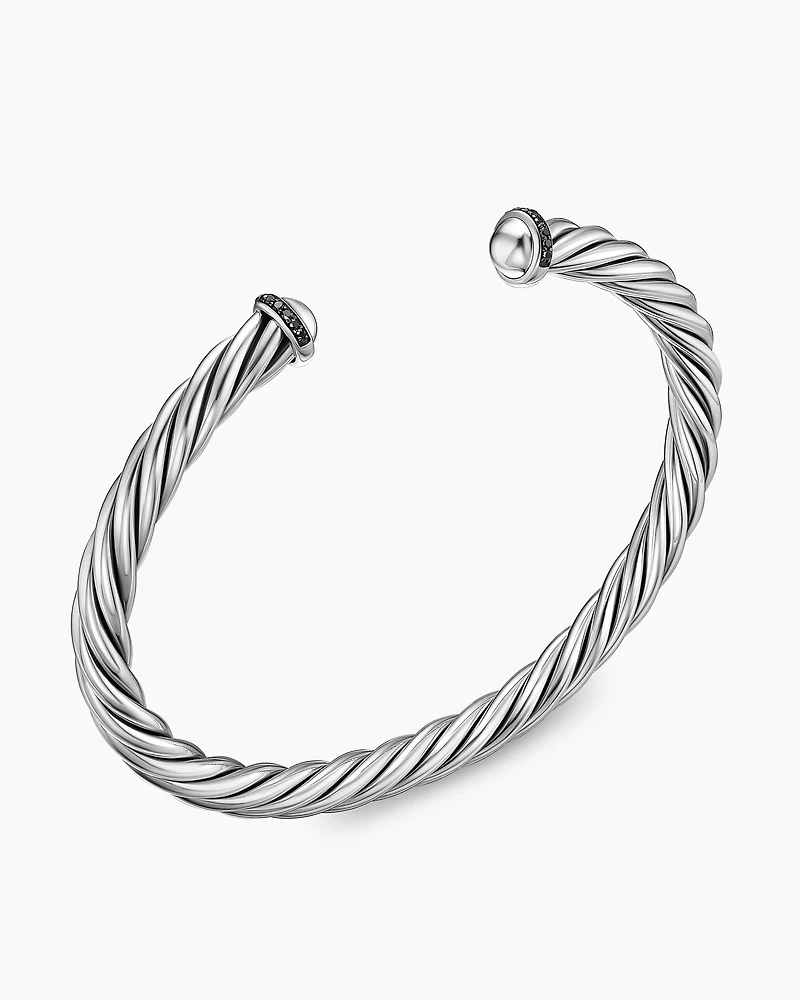 Cable Cuff Bracelet Sterling Silver with Pavé Black Diamonds, 6mm