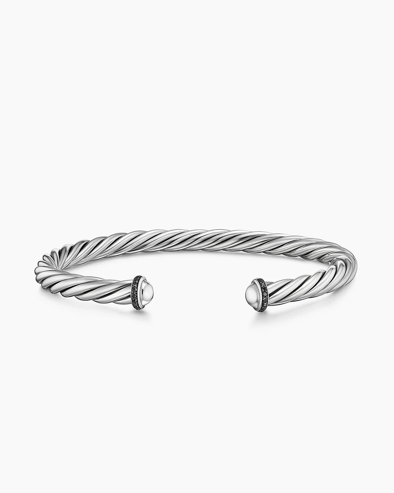 Cable Cuff Bracelet Sterling Silver with Pavé Black Diamonds, 6mm