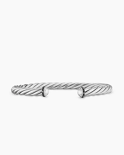 Cable Cuff Bracelet Sterling Silver with Pavé Black Diamonds, 6mm