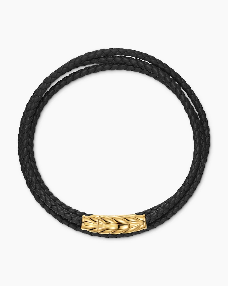 Chevron Triple Wrap Bracelet Black Leather with 18K Yellow Gold, 3mm