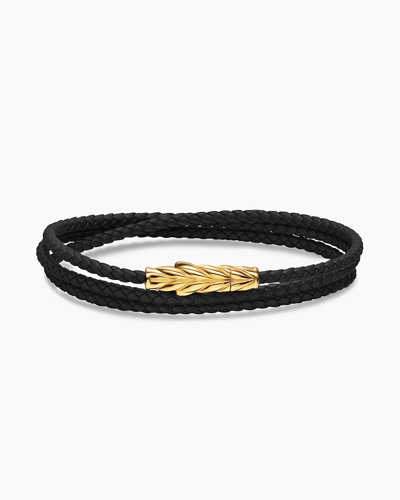 Chevron Triple Wrap Bracelet Black Leather with 18K Yellow Gold, 3mm