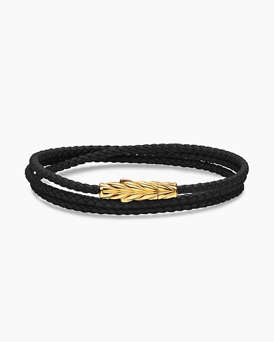 Chevron Triple Wrap Bracelet Black Leather with 18K Yellow Gold, 3mm