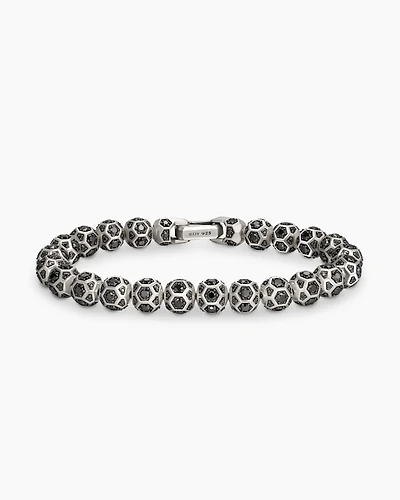 Spiritual Beads Faceted Bracelet Sterling Silver with Pavé Black Diamonds, 8mm