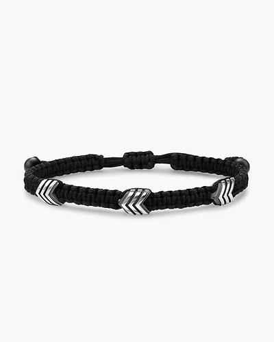 Chevron Black Nylon Woven Station Bracelet with Sterling Silver and Onyx, 8.6mm