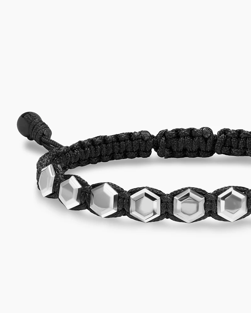 Faceted Woven Bracelet Sterling Silver with Black Nylon and Onyx, 8mm
