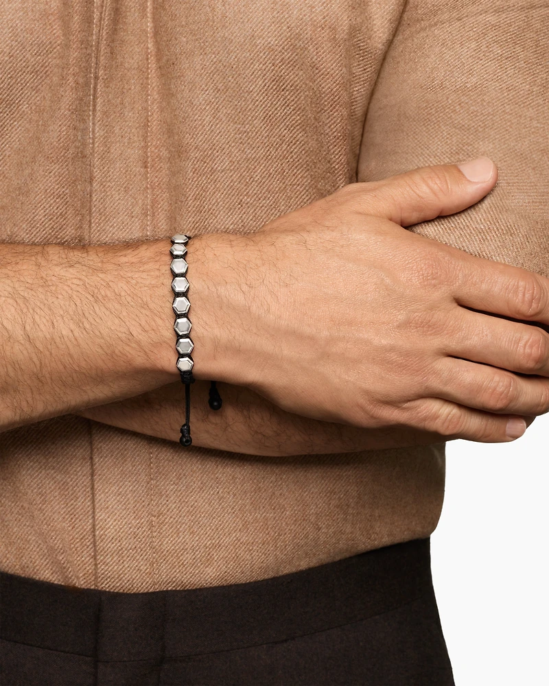 Faceted Woven Bracelet Sterling Silver with Black Nylon and Onyx, 8mm
