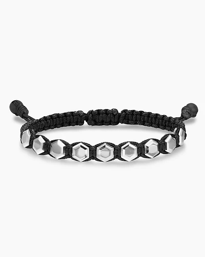 Faceted Woven Bracelet Sterling Silver with Black Nylon and Onyx, 8mm