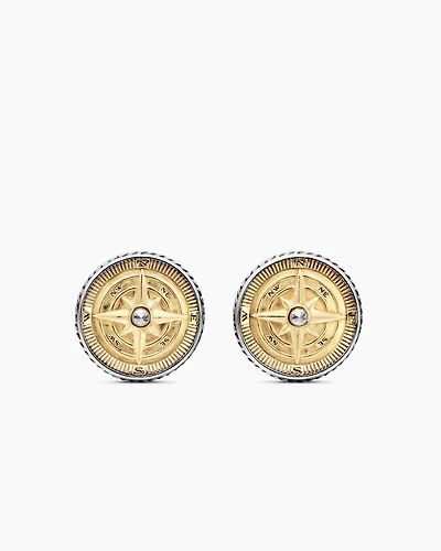Maritime® Compass Cufflinks in Sterling Silver with 18K Yellow Gold and Centre Diamond, 16mm