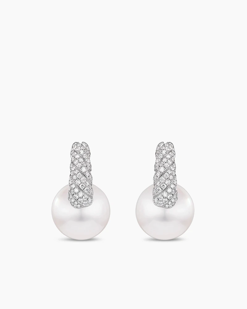 DY Lumina South Sea White Pearl Sculpted Cable Drop Earrings in White Gold with Diamonds