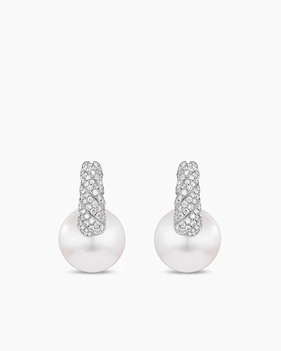 DY Lumina South Sea White Pearl Sculpted Cable Drop Earrings in White Gold with Diamonds