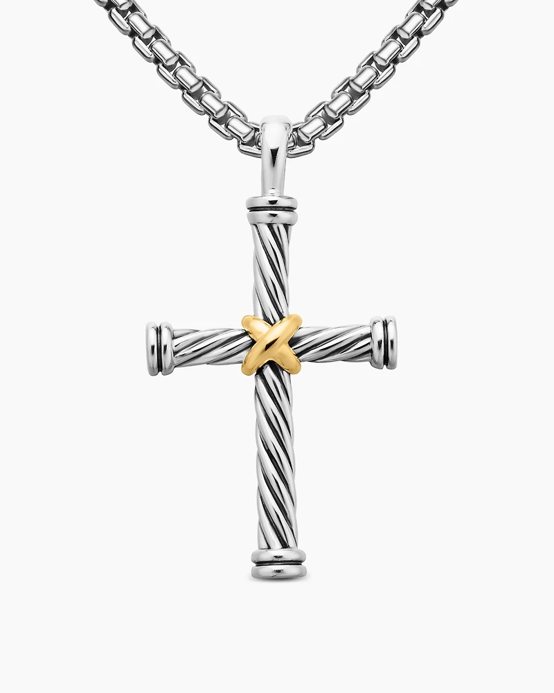 Cable Cross Pendant in Sterling Silver with 18K Yellow Gold, 35mm