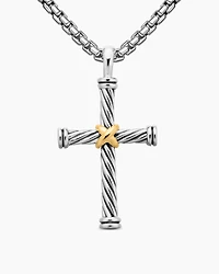 Cable Cross Pendant in Sterling Silver with 18K Yellow Gold, 35mm