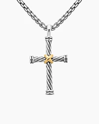 Cable Cross Pendant in Sterling Silver with 18K Yellow Gold, 35mm