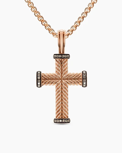 Chevron Cross Pendant in 18K Rose Gold with Cognac Diamonds, 33mm