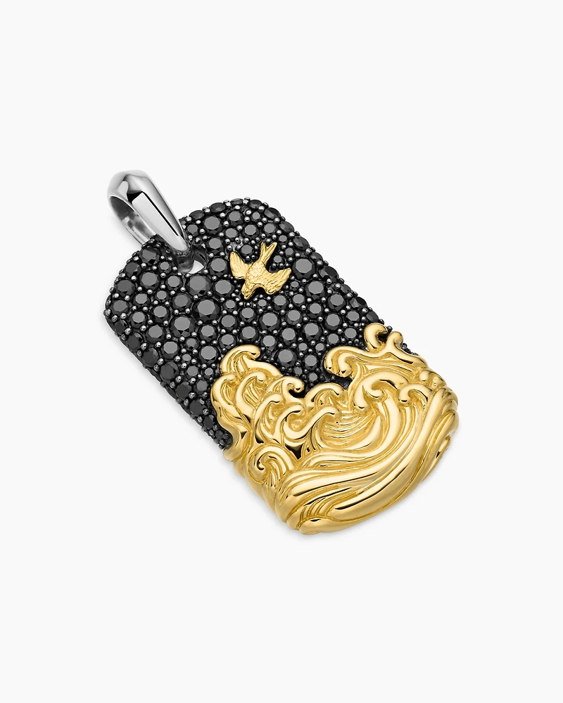 Waves Tag in Sterling Silver with 18K Yellow Gold and Black Diamonds, 39mm