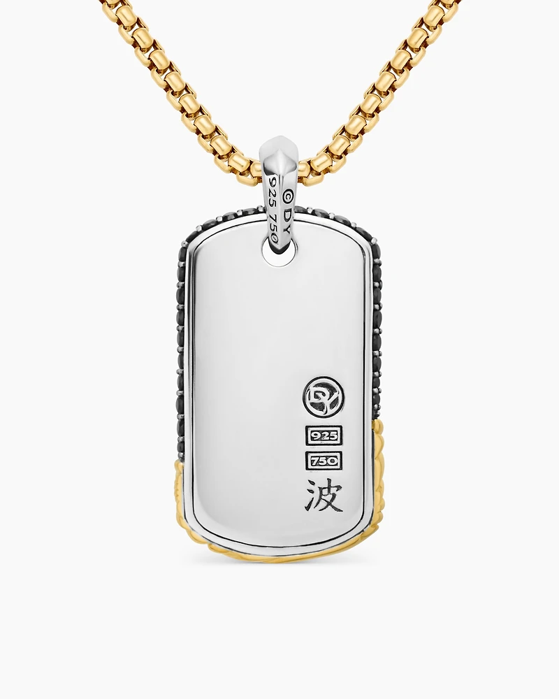 Waves Tag in Sterling Silver with 18K Yellow Gold and Black Diamonds, 39mm