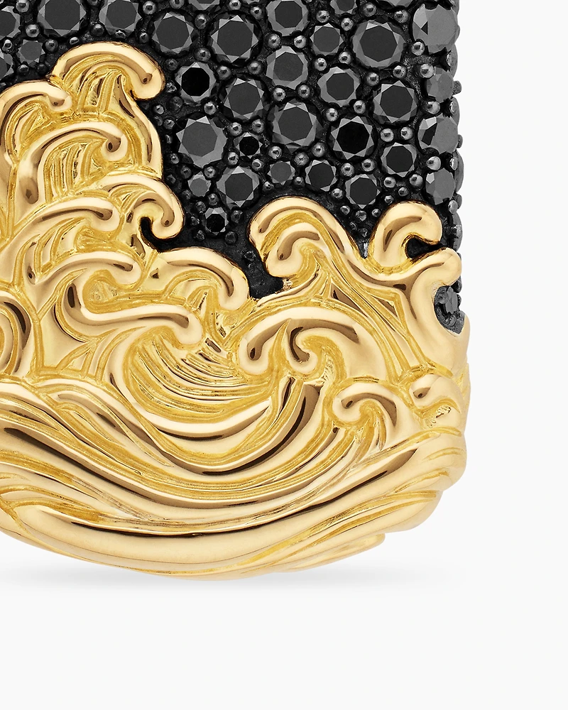 Waves Tag in Sterling Silver with 18K Yellow Gold and Black Diamonds, 39mm