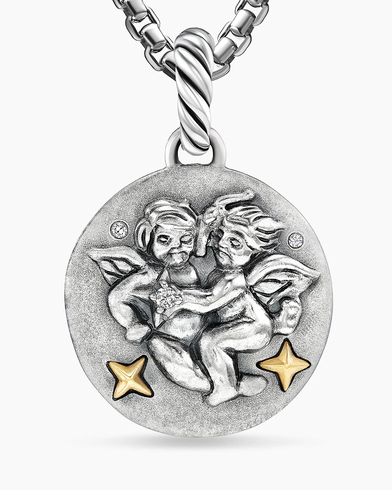 Gemini Amulet in Sterling Silver with 18K Yellow Gold and Diamonds, 19mm