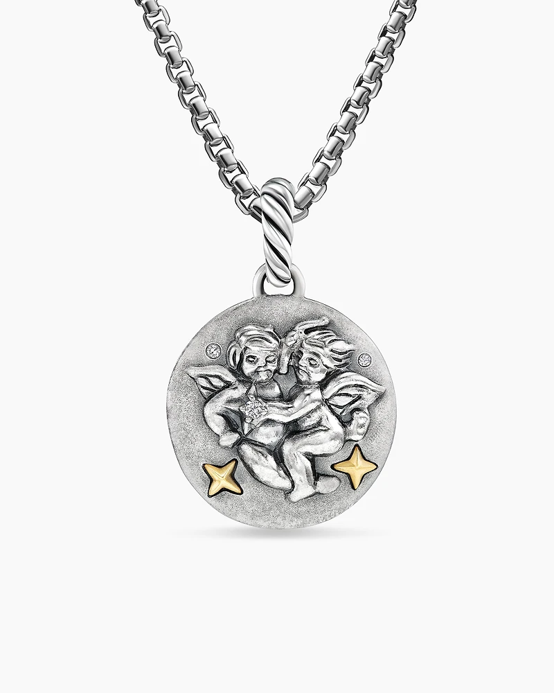 Gemini Amulet in Sterling Silver with 18K Yellow Gold and Diamonds, 19mm