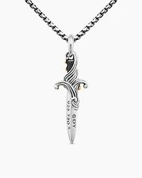 Waves Dagger Amulet in Sterling Silver with 18K Yellow Gold and Black Diamonds, 44mm