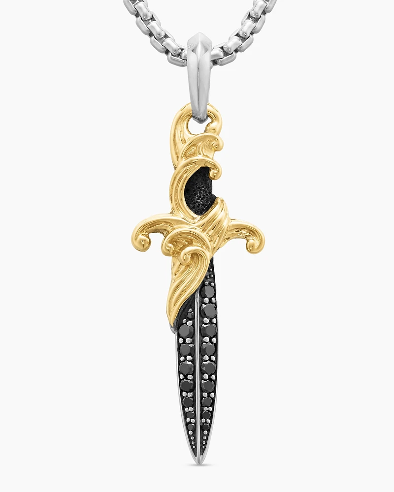 Waves Dagger Amulet in Sterling Silver with 18K Yellow Gold and Black Diamonds, 44mm