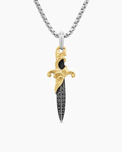 Waves Dagger Amulet in Sterling Silver with 18K Yellow Gold and Black Diamonds, 43.8mm