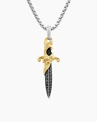 Waves Dagger Amulet in Sterling Silver with 18K Yellow Gold and Black Diamonds, 44mm