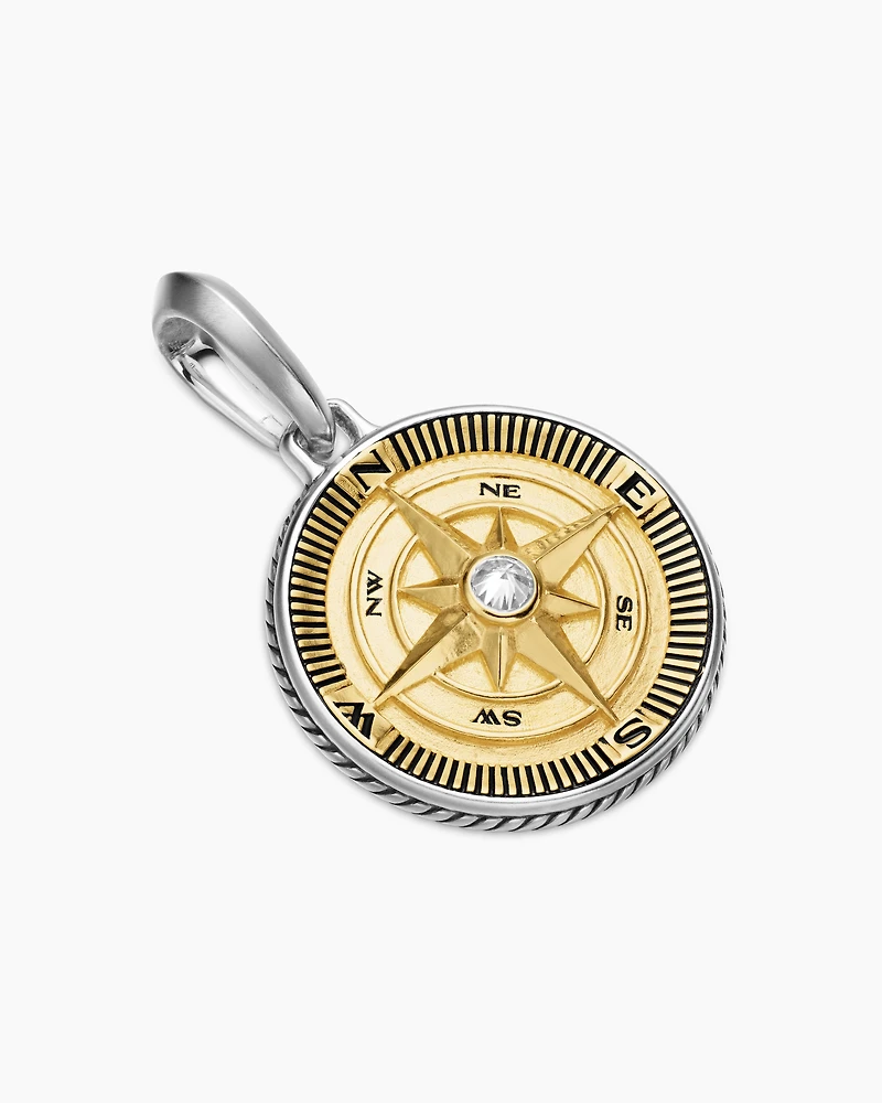 Maritime® Compass Amulet in Sterling Silver with 18K Yellow Gold and Centre Diamond, 29.5mm