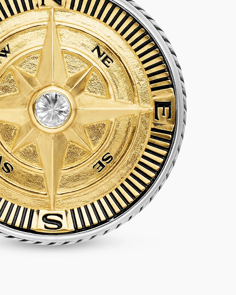 Maritime® Compass Amulet in Sterling Silver with 18K Yellow Gold and Centre Diamond, 29.5mm