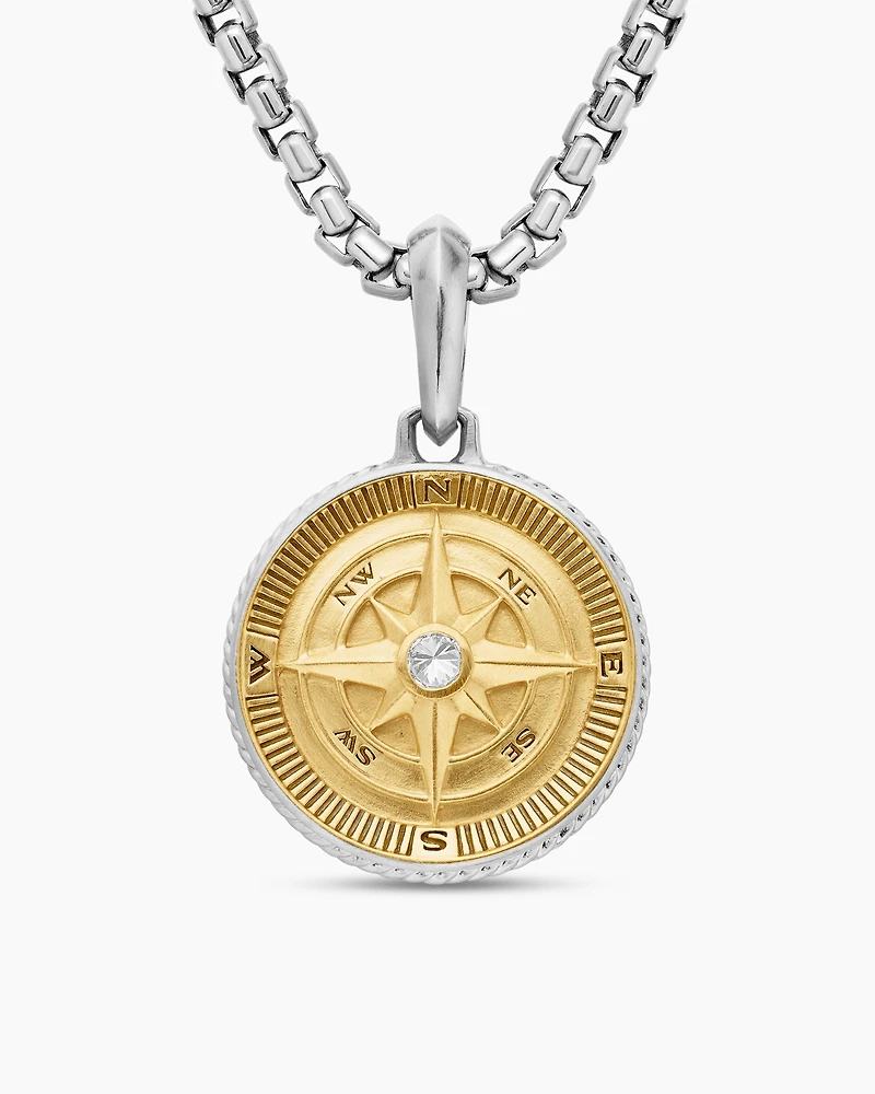 Maritime® Compass Amulet in Sterling Silver with 18K Yellow Gold and Centre Diamond, 29.5mm