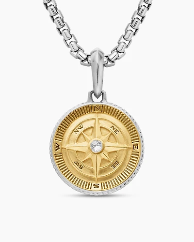Maritime® Compass Amulet in Sterling Silver with 18K Yellow Gold and Centre Diamond, 29.5mm