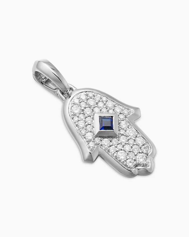 Hamsa Amulet in 18K White Gold with Pavé Diamonds and Blue Sapphire, 26mm
