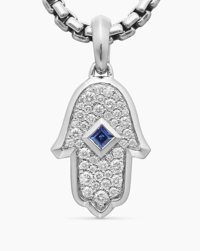 Hamsa Amulet in 18K White Gold with Pavé Diamonds and Blue Sapphire, 26mm