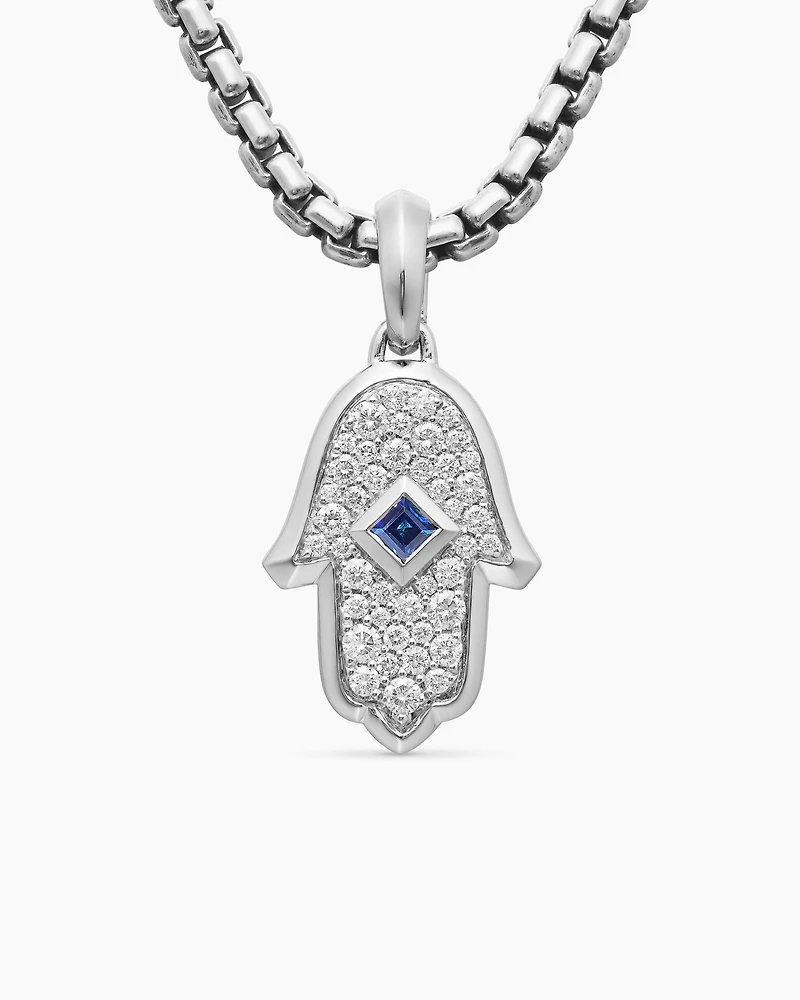 Hamsa Amulet in 18K White Gold with Pavé Diamonds and Blue Sapphire, 26mm
