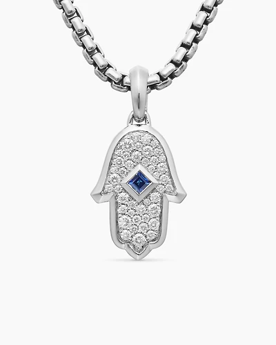 Hamsa Amulet in 18K White Gold with Pavé Diamonds and Blue Sapphire, 26mm